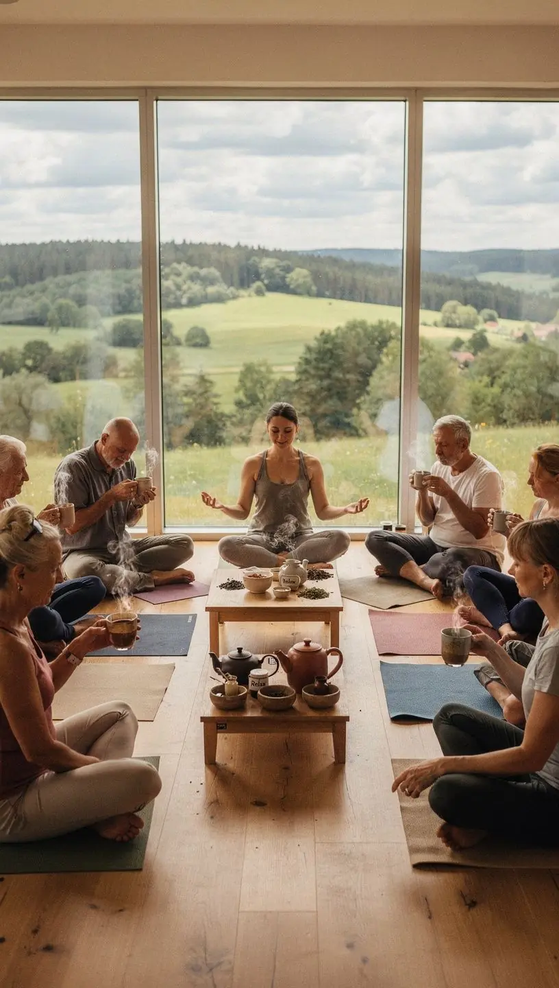 Įvairių rūšių arbatos puodeliai ant medinio stalo, reprezentuojantys kasdienę sveiką gėrimo rutiną.