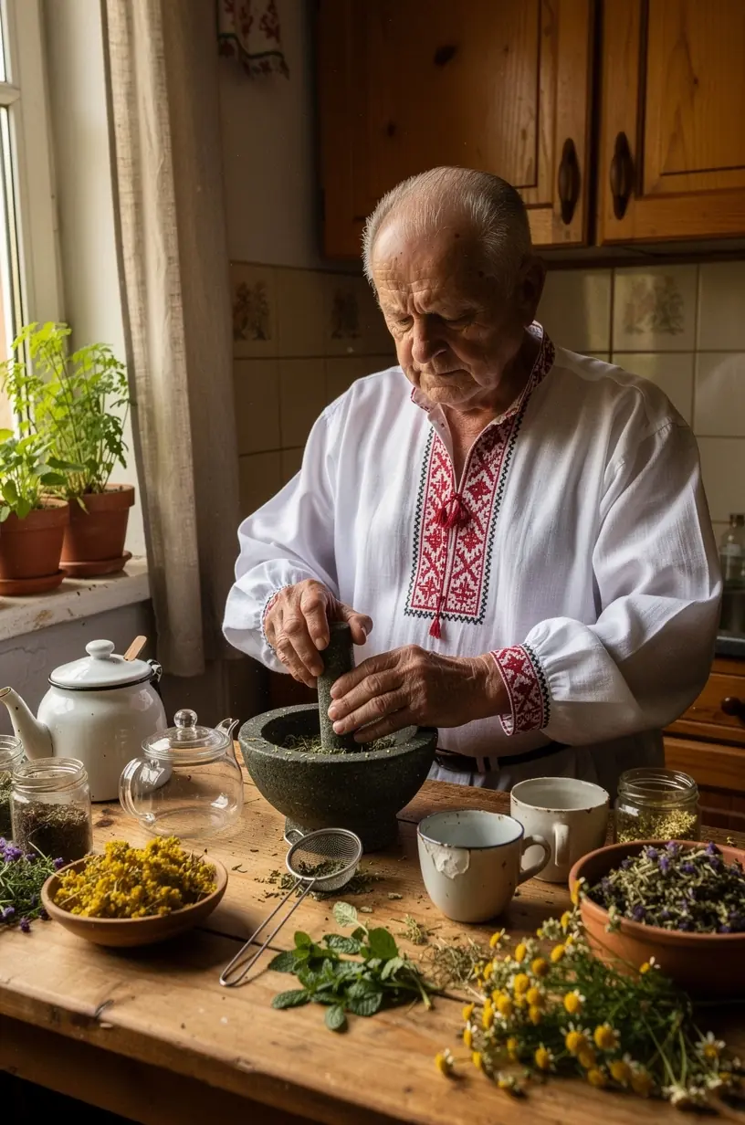 Šaknis ir žolelės, naudojamos arbatos gamyboje, parodytos natūralioje aplinkoje, skatinant sąmoningą pasirinkimą.